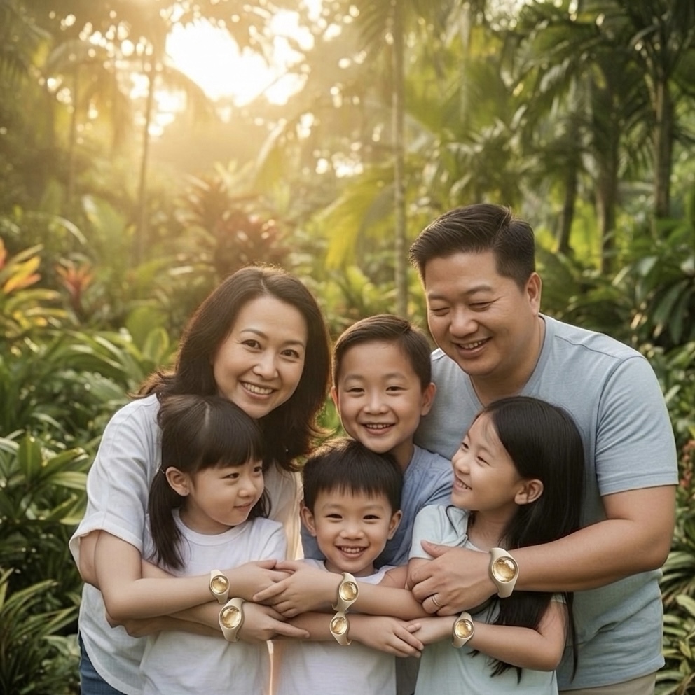 A Singapore family enjoying the outdoors wearing NoBuzz bracelets